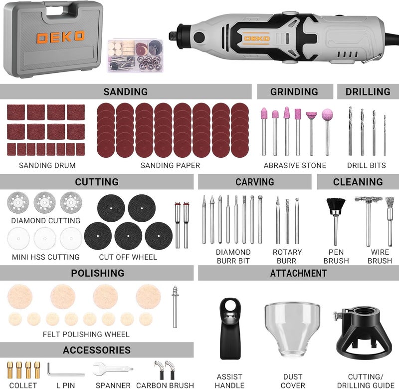 DEKOPRO Rotary Tool Kit: 170W Power Hand Rotary Tools with 6 Variable Speed, 127pcs Accessories, 8000~35000RPM Electric Grinder Drill Machine Set with Flex Shaft for Carving, Cutting, Sanding Gray - Image 2